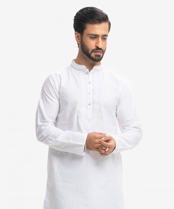 White Cotton Blended Semi Fitted Panjabi