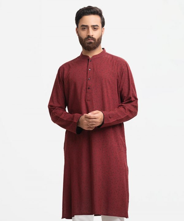 Red Cotton Jacquard Semi Fitted Panjabi