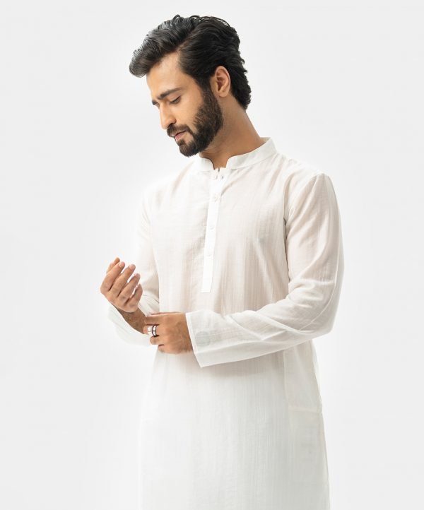 Off-White Viscose Semi Fitted Panjabi